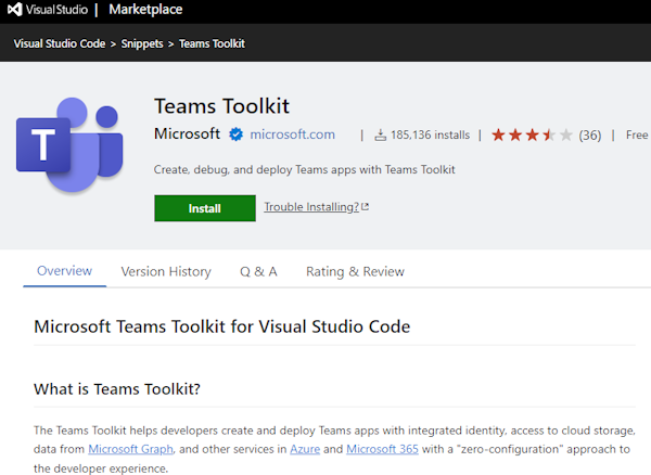 A captura de tela mostra a tela do Teams Toolkit Marketplace.